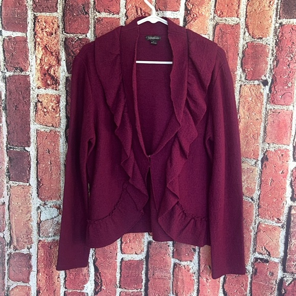 Claudia Ev Burgundy ruffled wool women’s cardigan size large - Picture 1 of 12